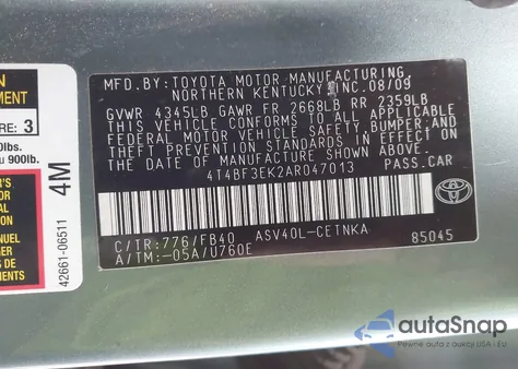 2010 Toyota Camry Le from USA, damaged, VIN 4T4BF3EK2AR047013